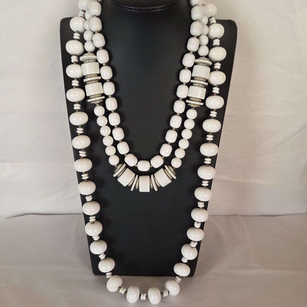 Vintage White Acrylic Chunky Beaded Necklaces Lot of 3 - 17 in. - 29 in.